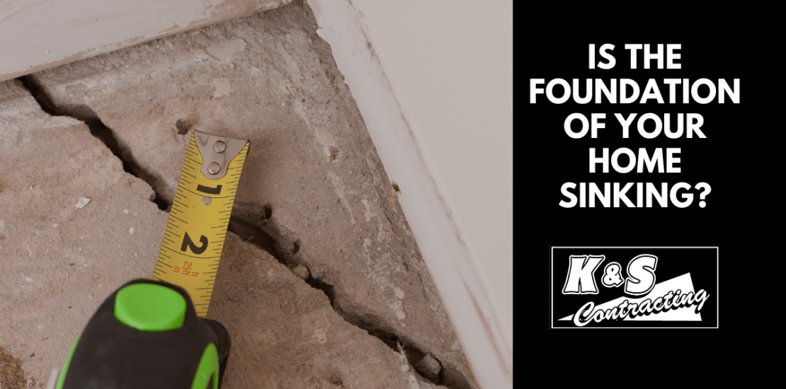 Is the Foundation of Your Home Sinking? Words, picture of tape measure on crack of concrete